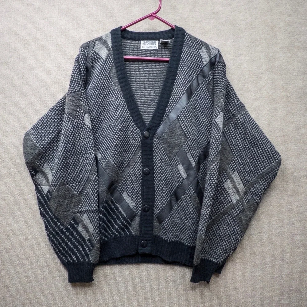 Vintage City Streets Mens Large Geometric Knit Cardigan Sweater Gray Black Korea